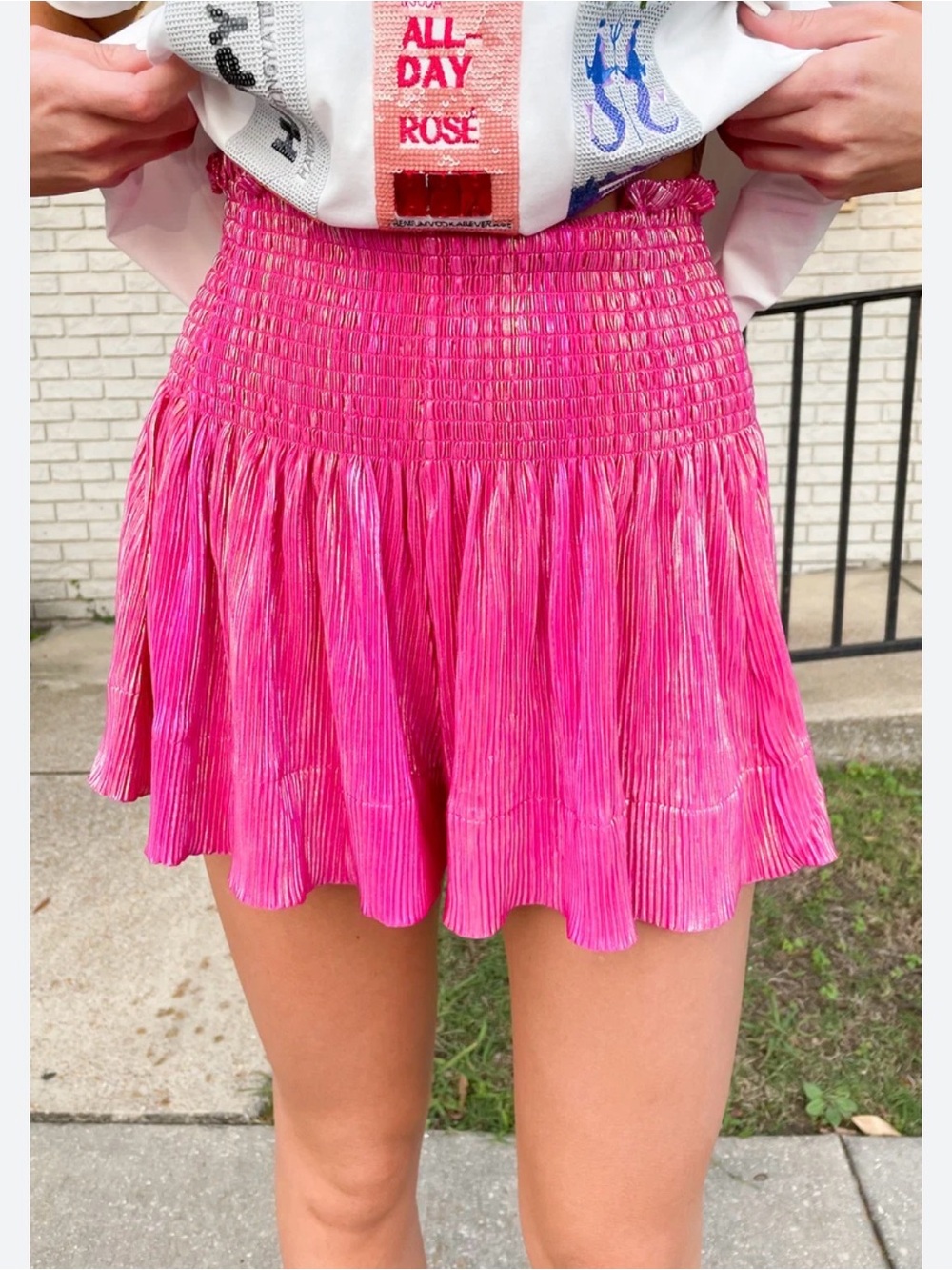 QUEEN OF SPARKLES Hot Pink Smocked Mini Skirt